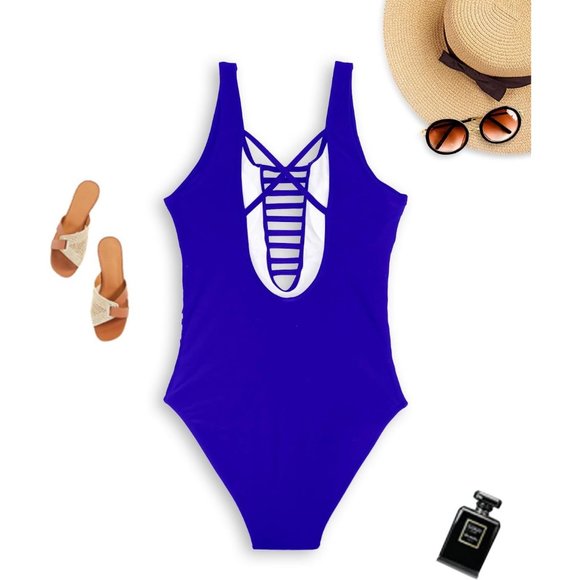 Women's Blue  One Piece Swimsuits Plunge Deep V Neck Cutout Bathing Suits - Picture 5 of 7